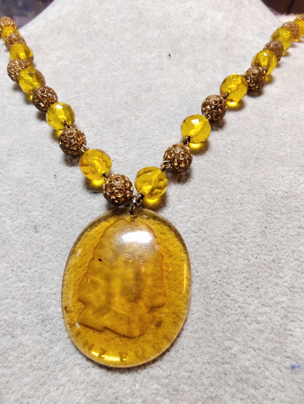 Antique 1900s to 1920s Czech Glass, Brass Filigree Balls, Intaglio Pendant